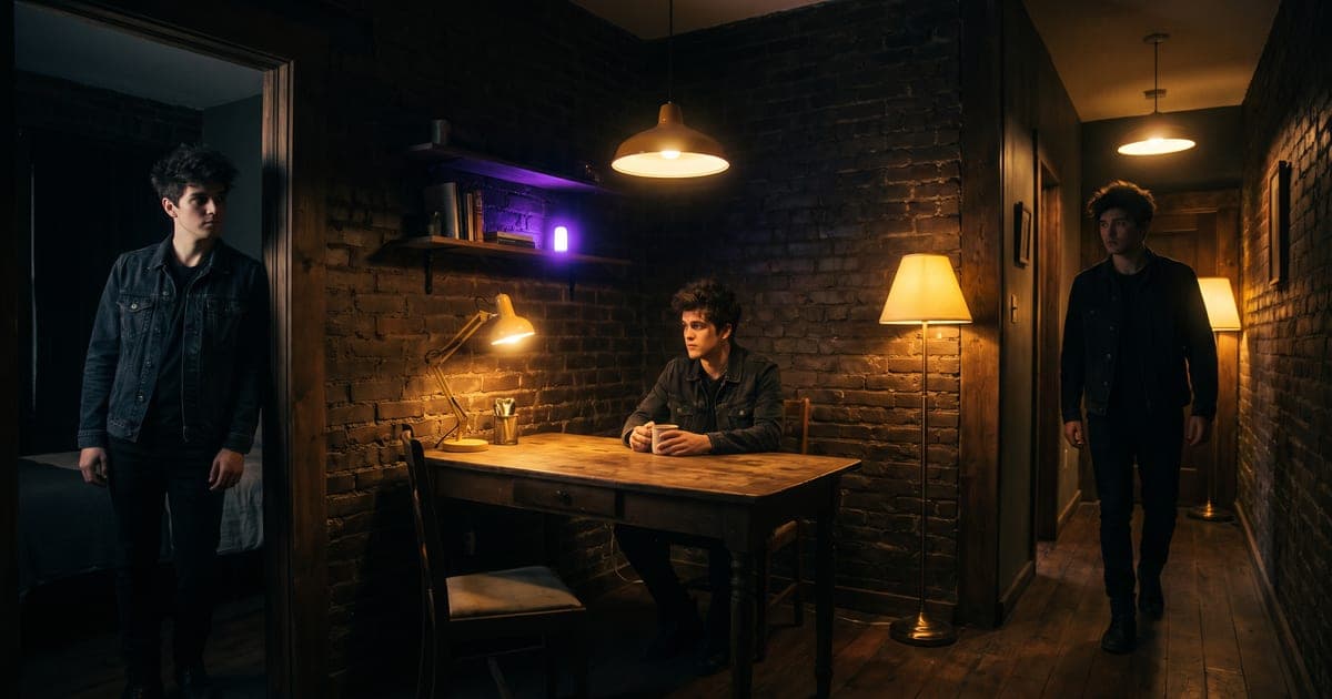 The same man photographed three times in one frame: in a doorway, at a table, walking away.