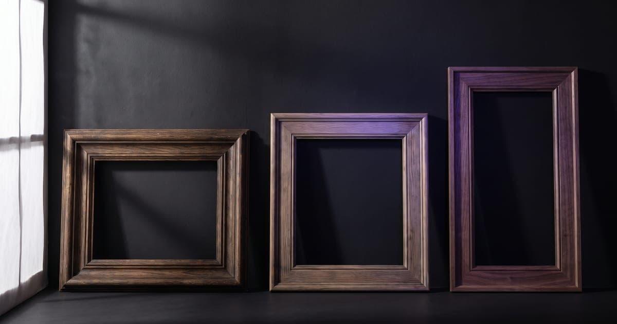 Three empty picture frames side by side: one wide, one square, one tall.