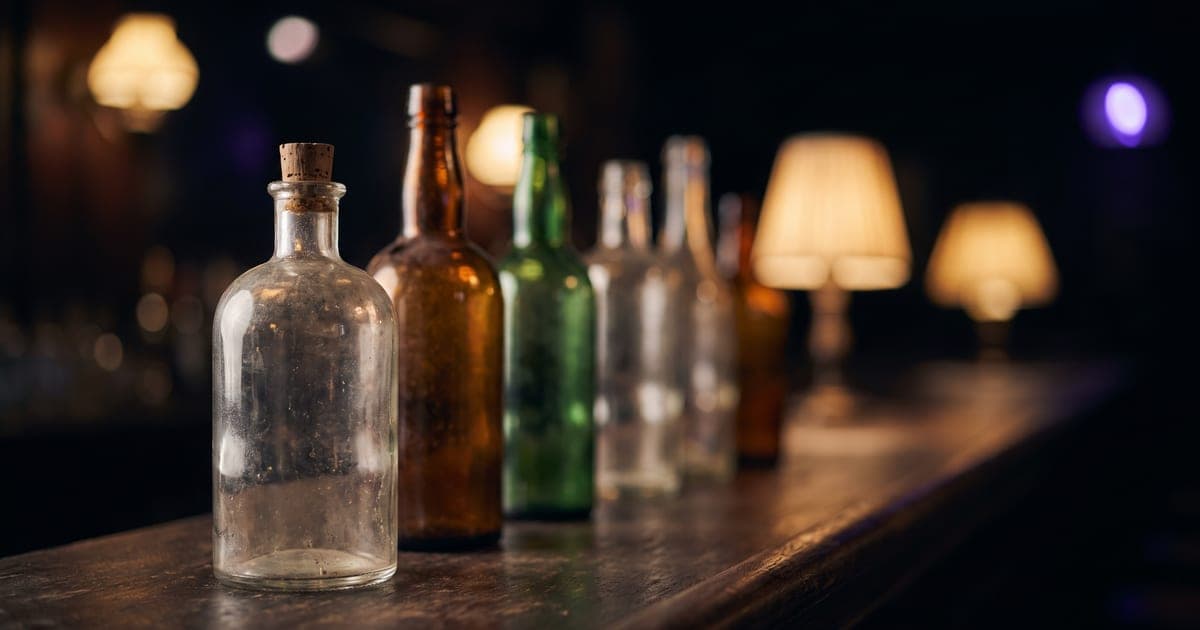 A row of glass bottles: the front one sharp, the ones behind dissolved into soft light.