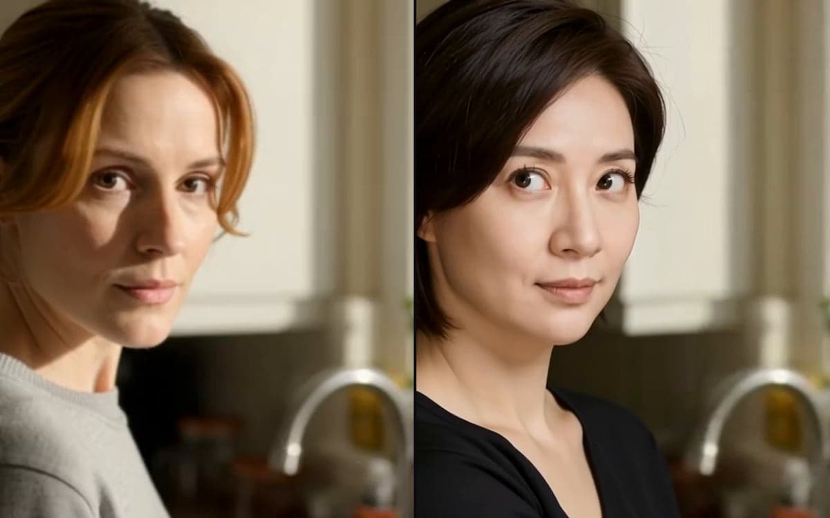 A frame from a clip on the left, and the same frame on the right with another face in it.