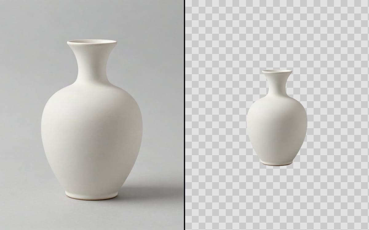 A vase on a grey backdrop on the left, and the same vase cut out against a transparency checkerboard on the right.