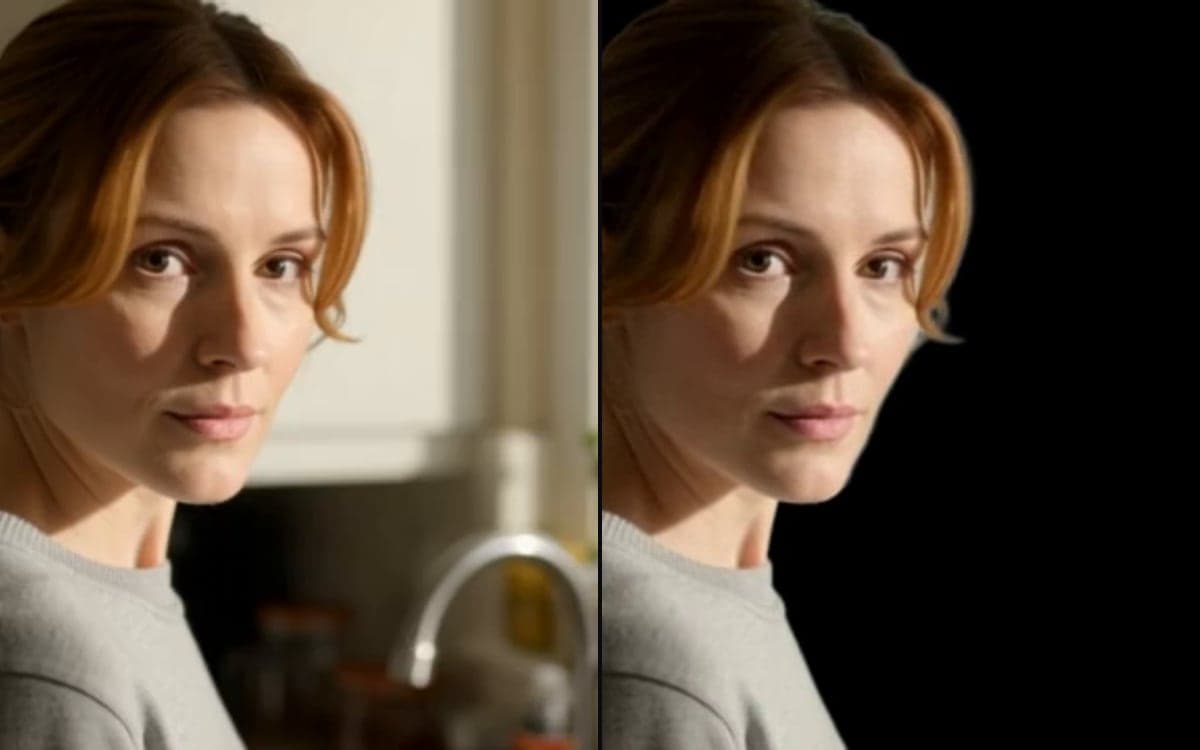 A frame from a clip of a woman in a kitchen on the left, and the same frame with the kitchen gone on the right.