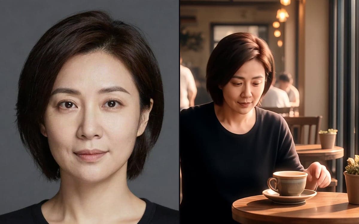 A studio portrait on the left, and a frame from a clip of the same person in a cafe on the right.