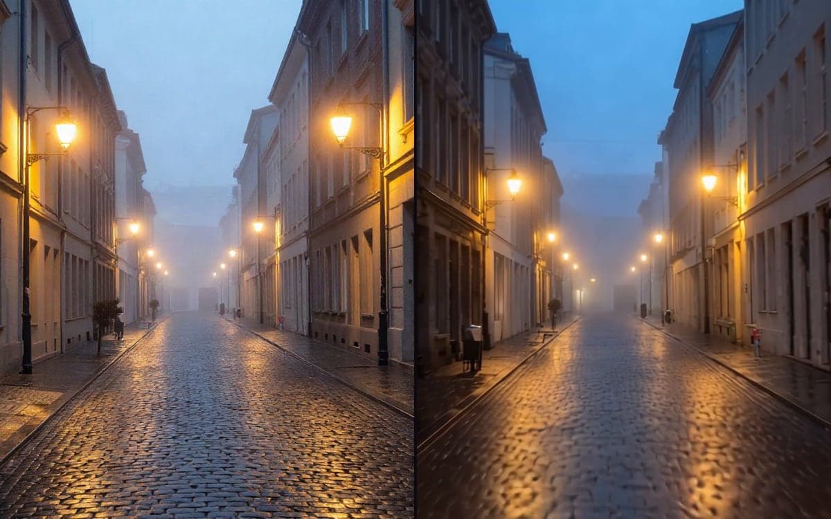 A street at dawn on the left, and a frame from the middle of the clip on the right, halfway to the night version.