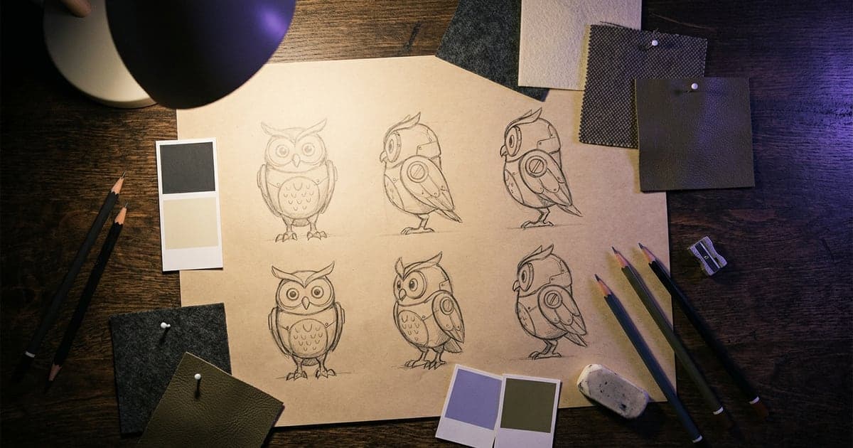 A designer table with sketches of one invented character from several angles, pencils and colour swatches.