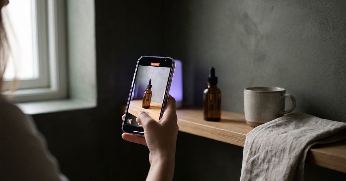 A hand holding a phone filming a small bottle on a bathroom shelf, casual and real.