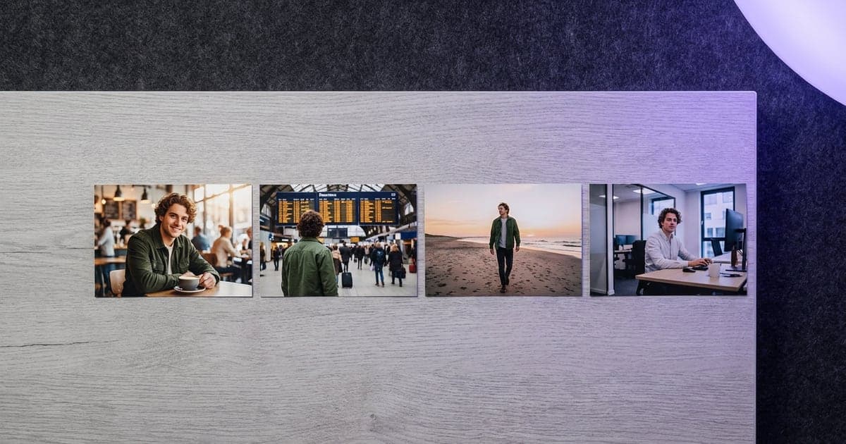 Four photographs of the same young man in four different places, clearly one person.