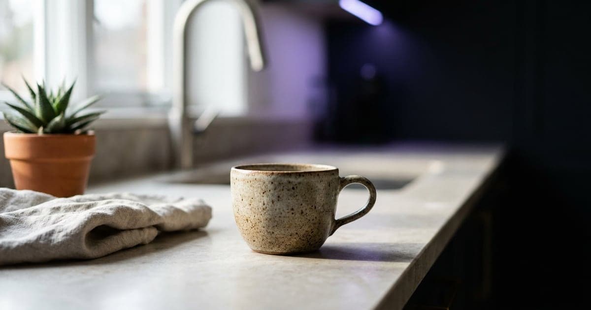 A ceramic coffee cup on a stone kitchen counter in morning light, crisp and sharp, the background soft.