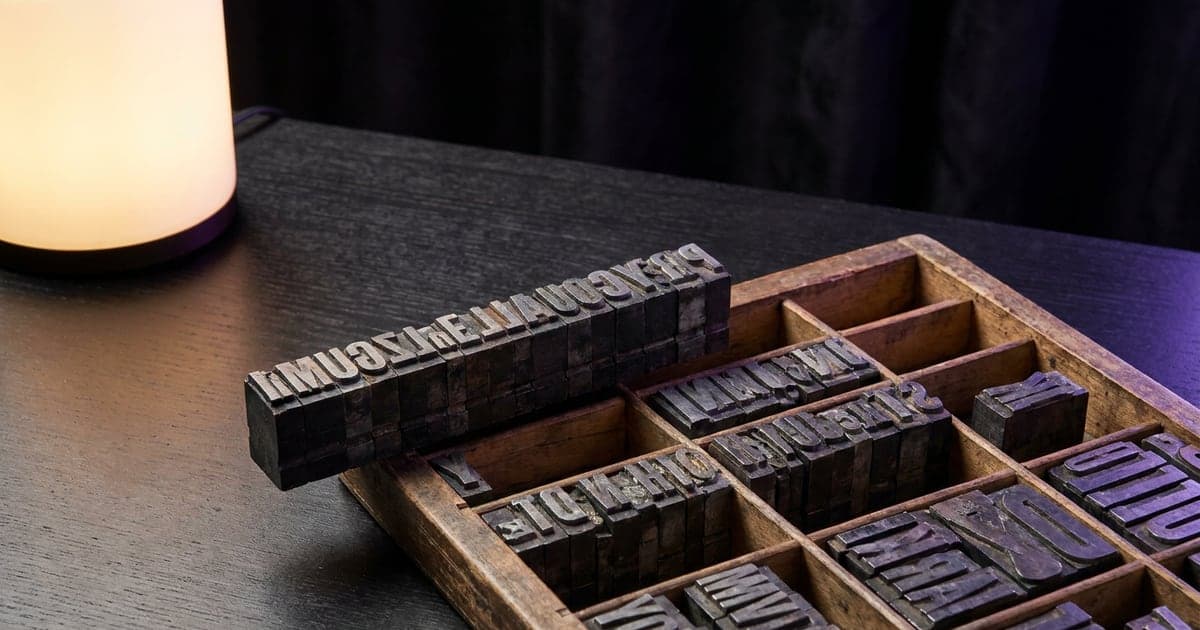 A wooden typesetter tray full of metal letterpress blocks, one row of blocks lifted out and lit.