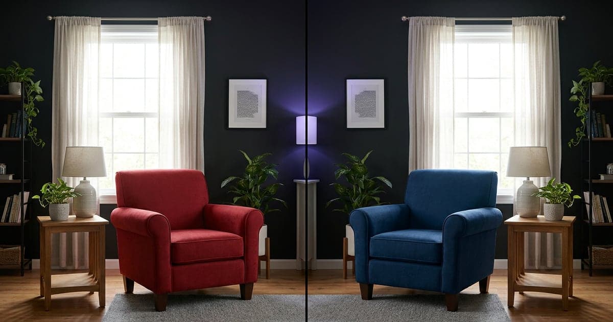 A photo of an armchair split down the middle, red on the left and blue on the right, the room unchanged.