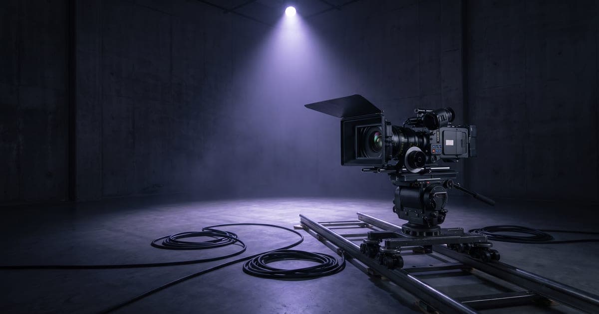 A film camera on a dolly in an empty studio, a single spotlight on it, cables on the floor.