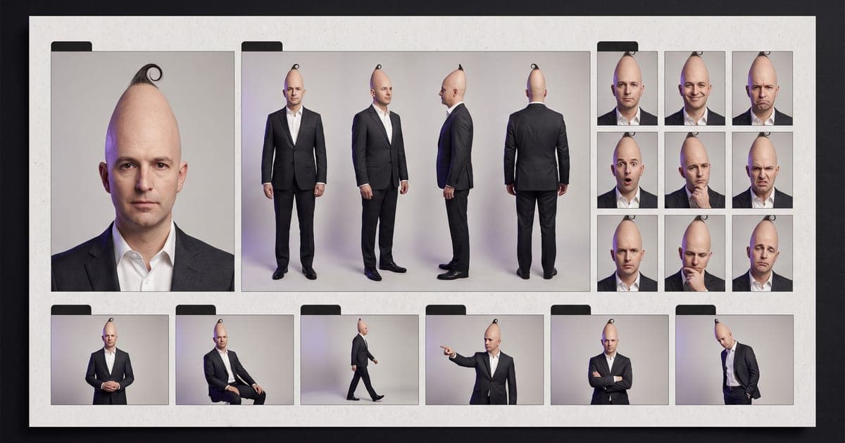 A continuity sheet of an invented character with a tall cone-shaped head: turnaround, expressions and poses.