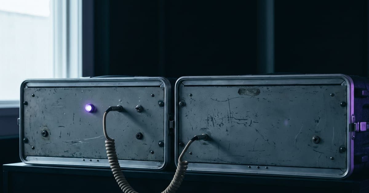 A patch cable running between two pieces of studio equipment on a dark rack.