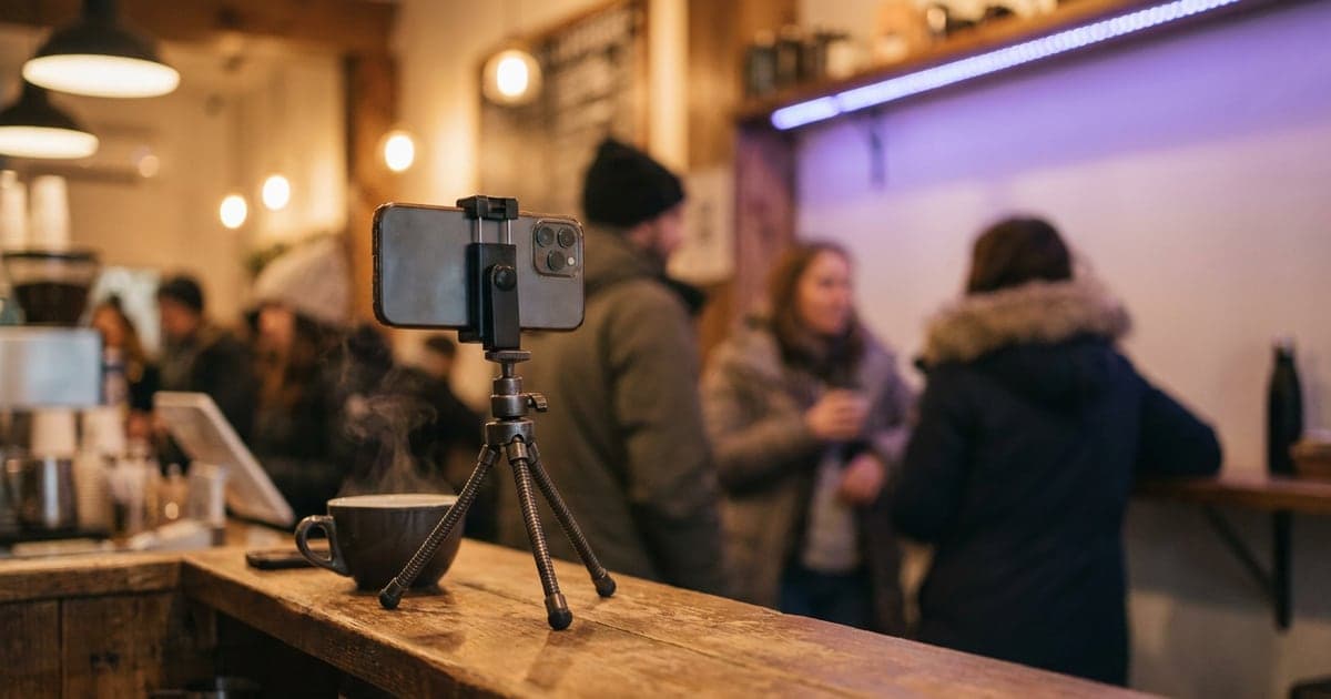 A smartphone on a small tripod filming in a coffee bar, vertical frame, warm morning light.