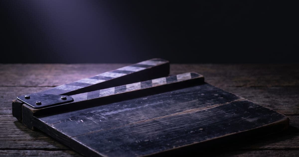 A clapperboard on a dark table, one corner lit, the slate empty.