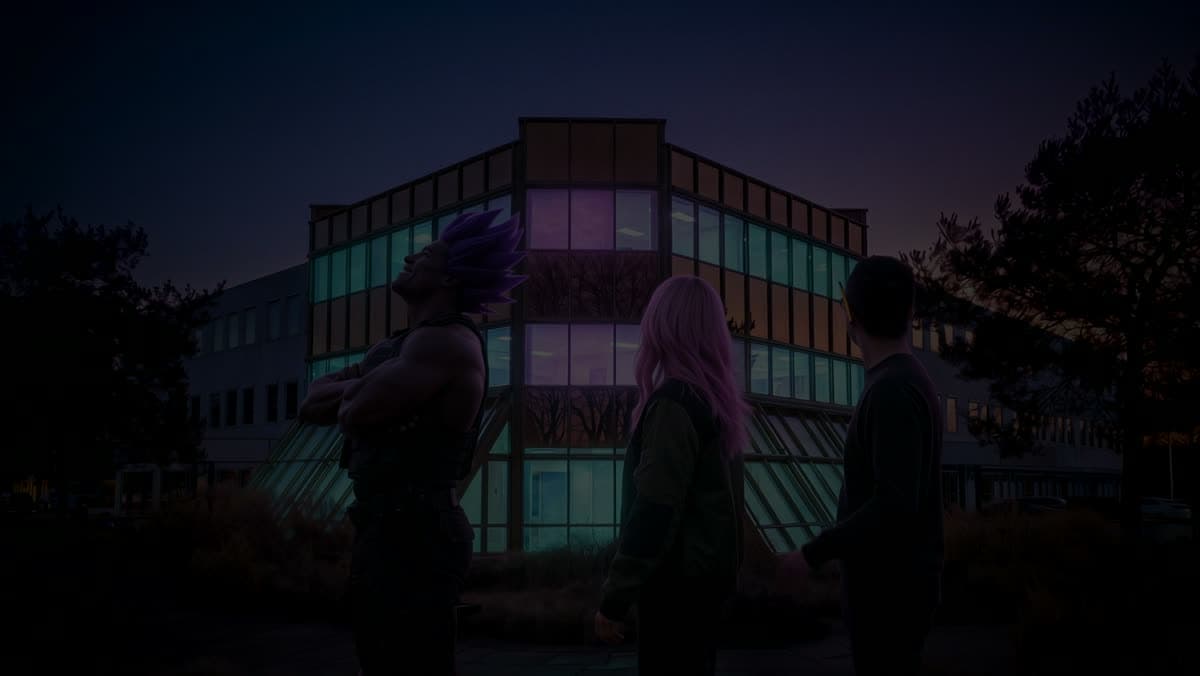 The three stop and look up at the glowing windows, each with a different gesture.