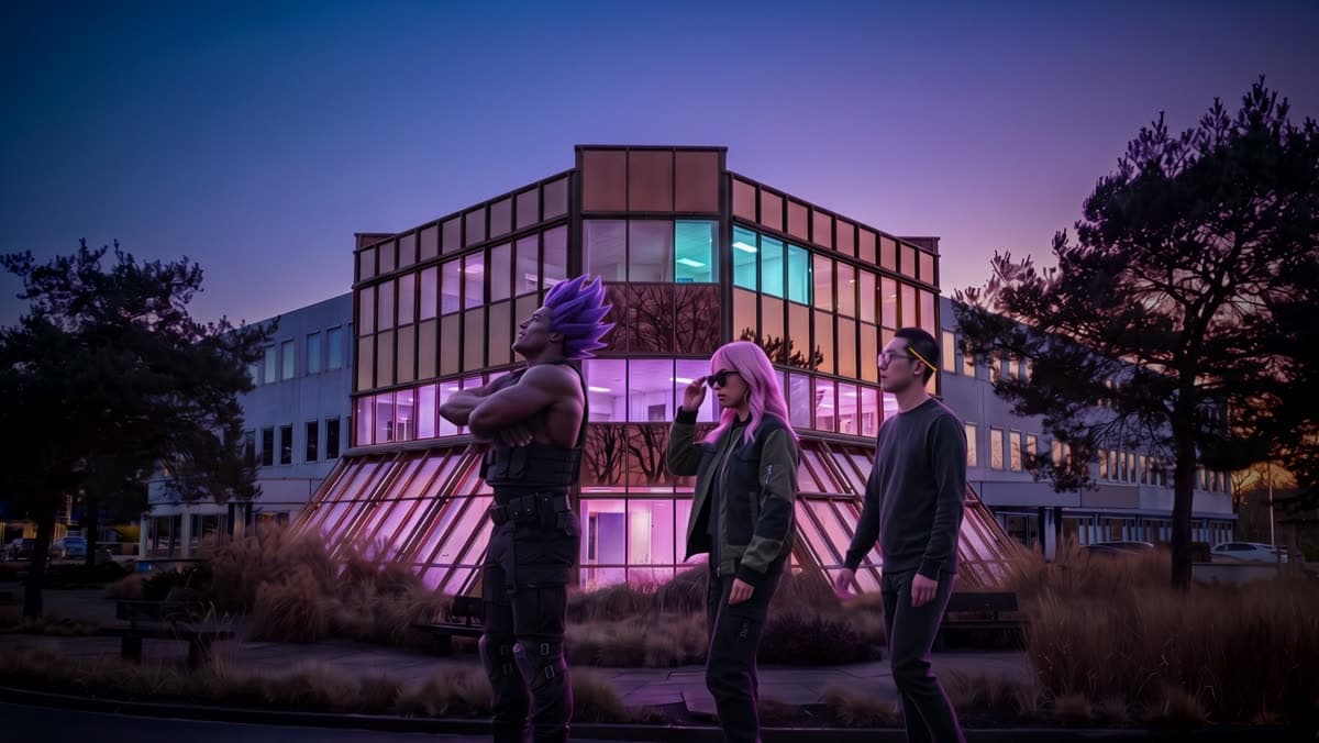 Three people walk along the road in front of a glass office building at dusk, each at their own pace.