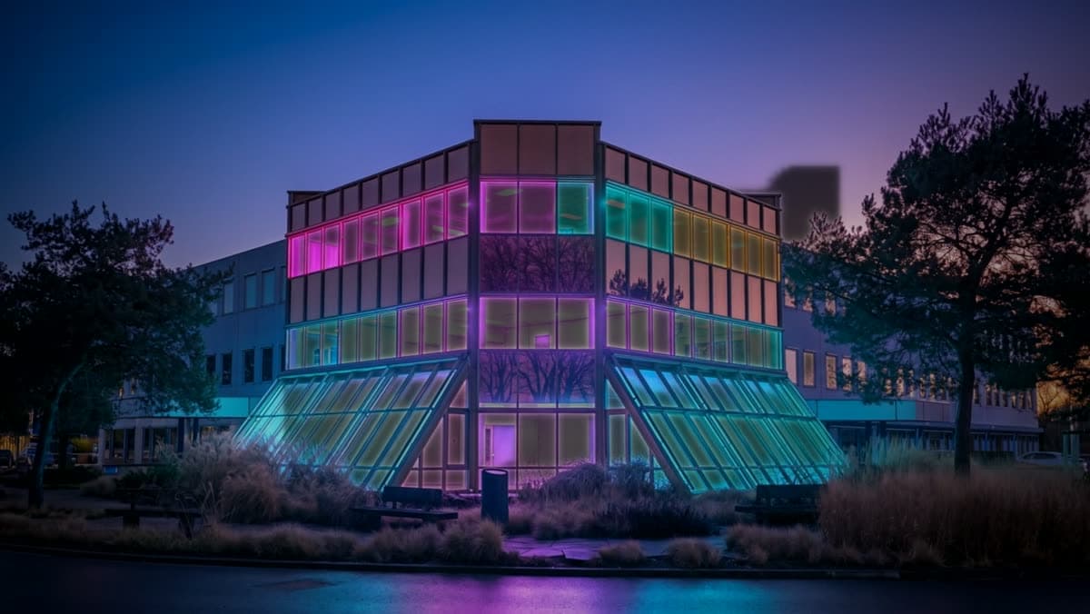 A glass office building at dusk with violet and cyan light in every window.