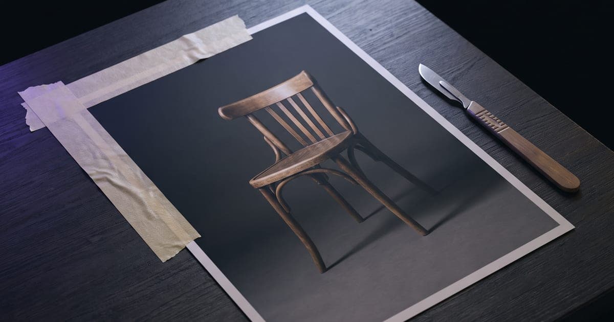 A photographic print on a desk with one area masked off by tape.