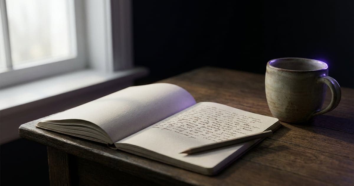 A notebook with handwritten notes and a ceramic mug on an oak table by a window, morning light.