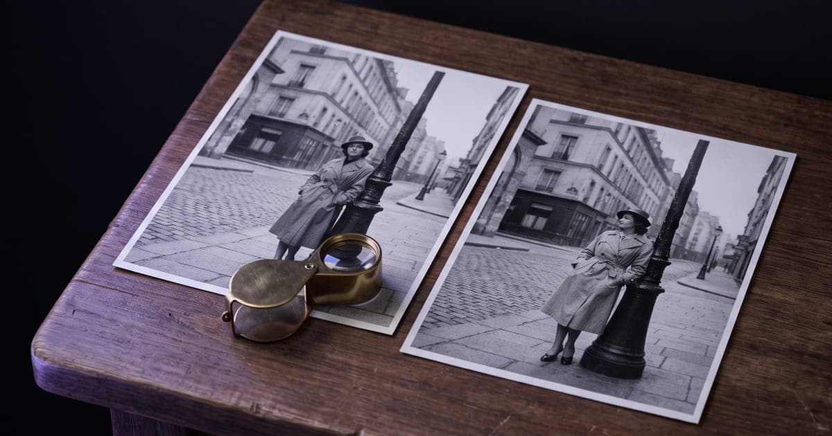 Two printed film stills side by side on a dark table: the same scene, a different person in each.