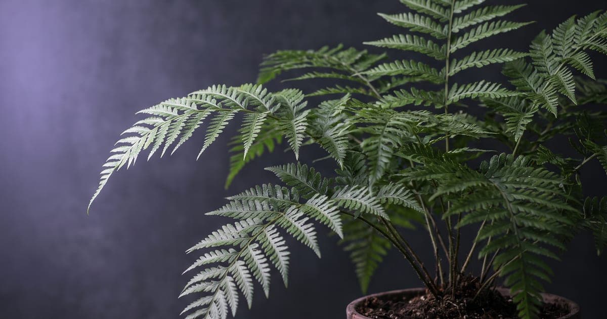 A fern cut cleanly away from its surroundings, the thin fronds intact.