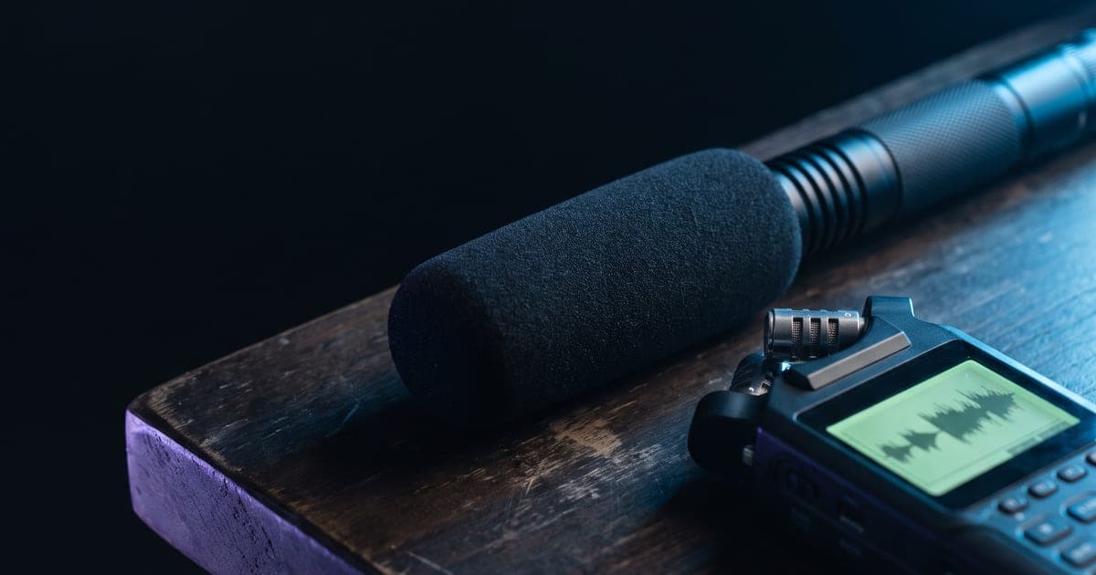 A waveform on a small screen beside a shotgun microphone, both on a dark desk.