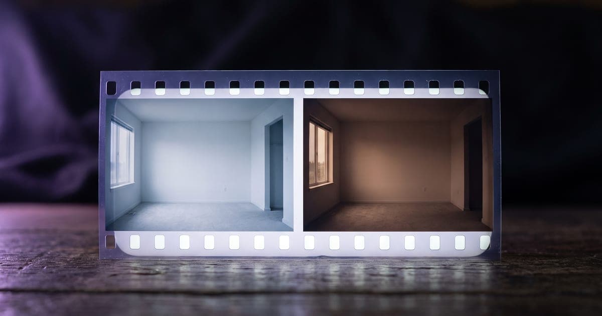 Two film frames side by side on a light table, the same room in each, different light.