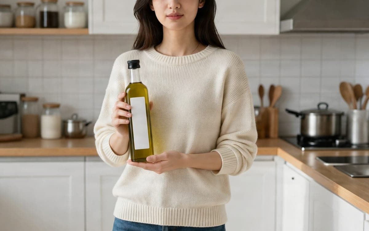 A woman holding a glass bottle at chest height, label turned to the camera.