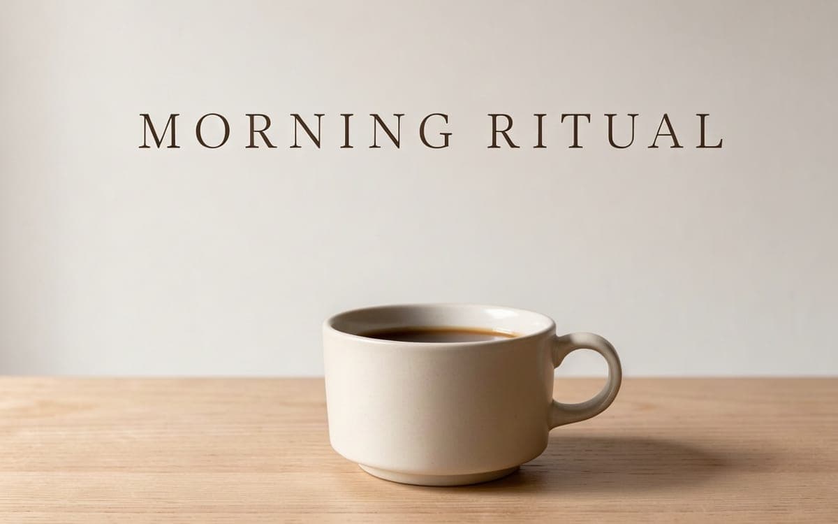 A ceramic cup on an oak table with the words MORNING RITUAL set across the top third.