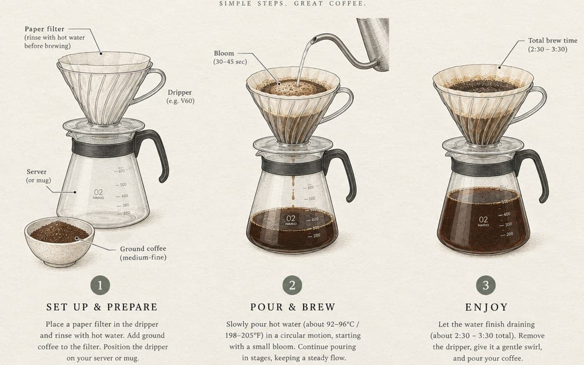 A hand-drawn style infographic of a coffee brewing process, with readable labels.