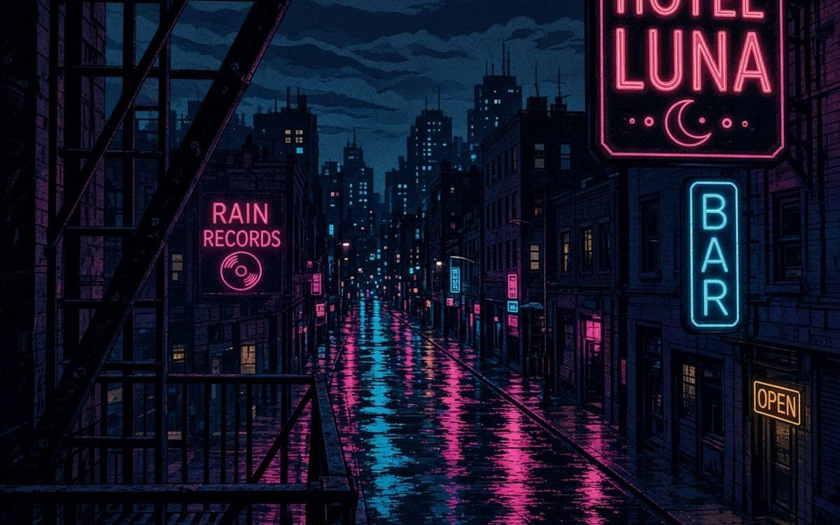 A stylised illustration of a city at night, more drawn than photographed.