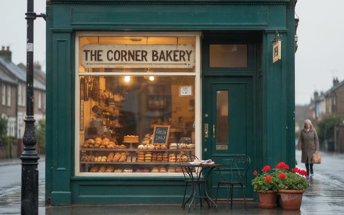 A shop front with a hand-painted sign that reads THE CORNER BAKERY.