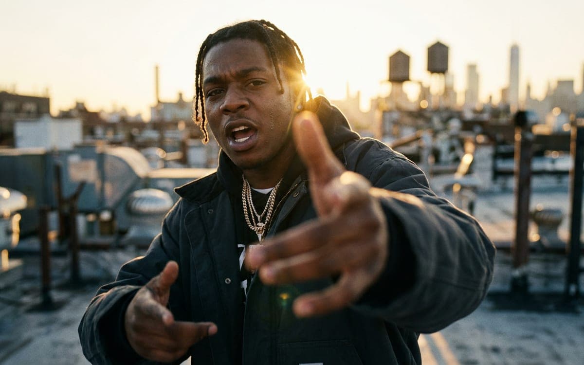 A rapper on a rooftop at golden hour, mid-line, one hand raised towards the camera.