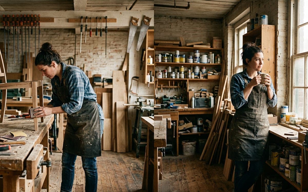 The same woman twice in one frame, at a workbench and by a window, unmistakably one person.