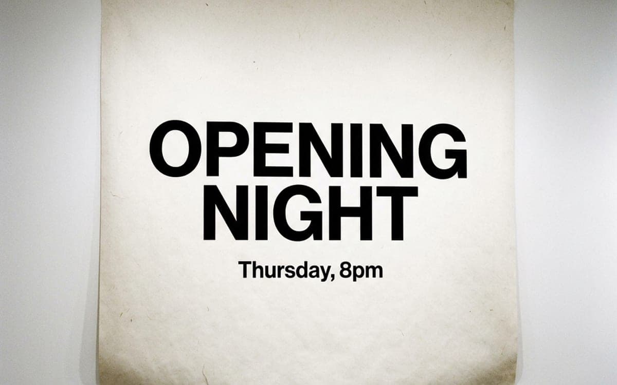A gallery wall with a printed poster that reads OPENING NIGHT in clean type.