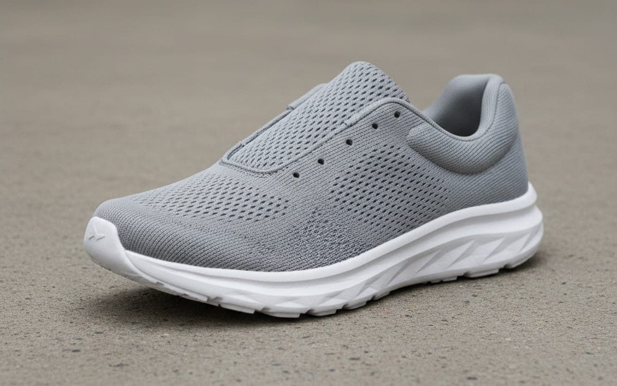 A quick, plain product shot of a running shoe on a concrete floor.