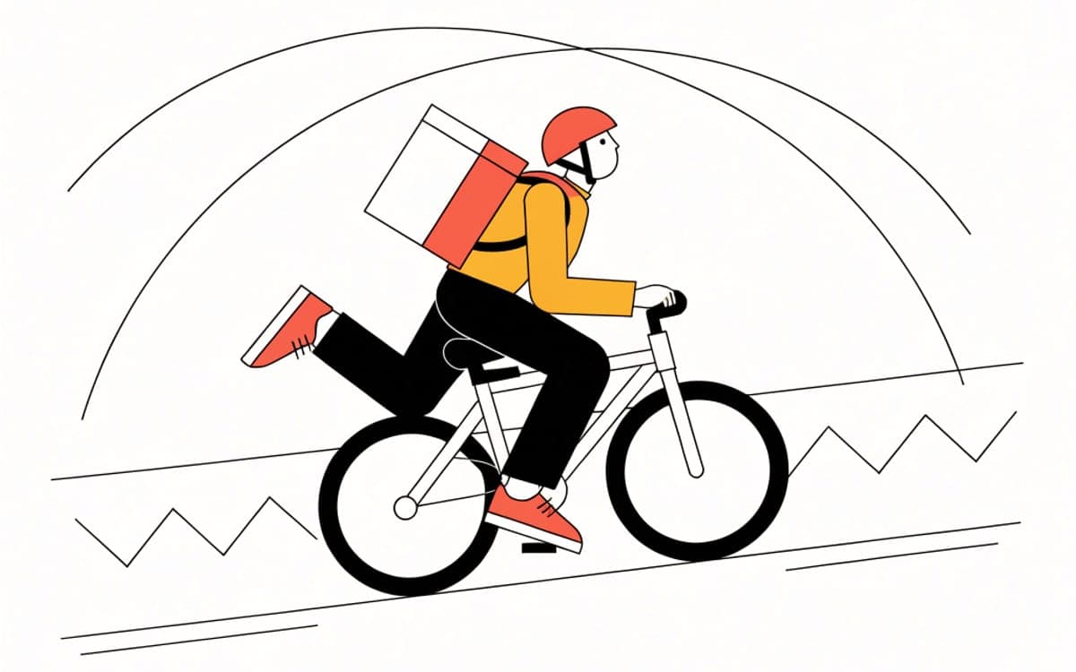 A flat three-colour illustration of a bicycle courier crossing a bridge.