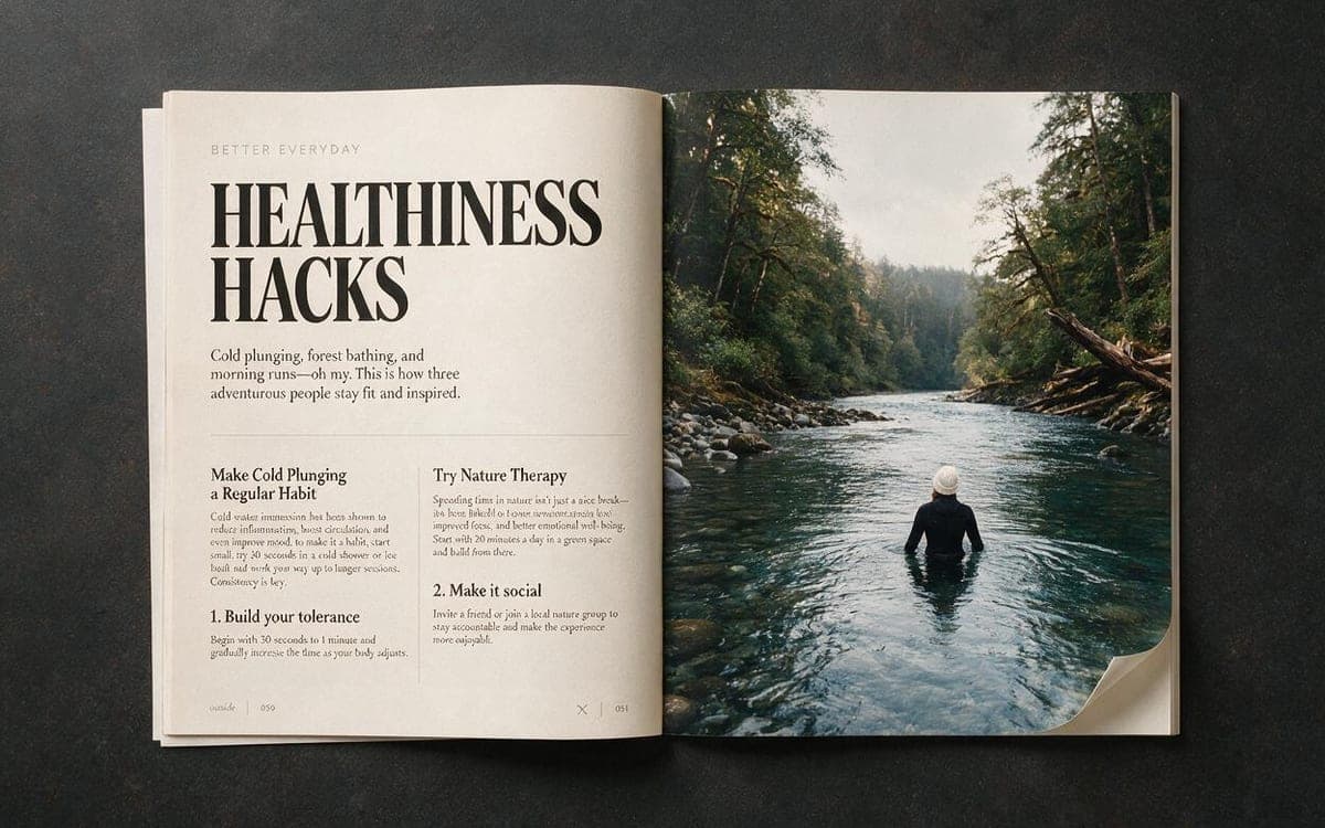 A dense magazine spread layout with real typography, shot flat on a table.