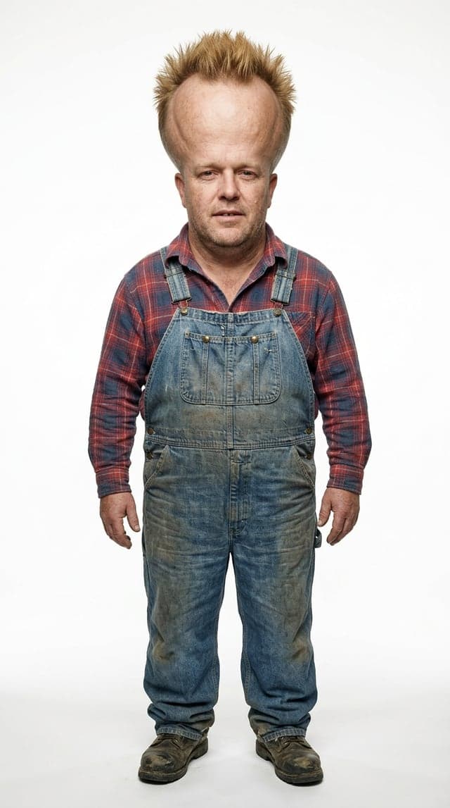 Dwayne "Bulb" Tucker, a character made with dGEN Influencer: a huge shiny light-bulb shaped head with short spiky hair standing straight up, a heavy double chin and a big round beer belly, no hat.