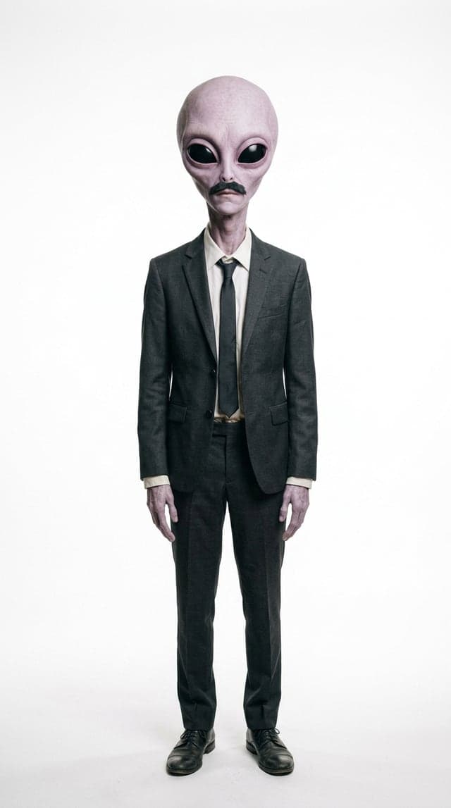 Zorp, a character made with dGEN Influencer: pale lilac skin, huge black almond eyes and a fake moustache stuck on crooked.