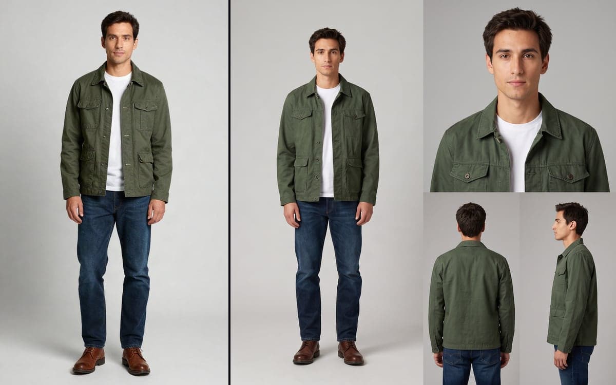 The uploaded photo of a man on the left, and the four panel character sheet made from it on the right, showing the same person full body, in portrait, from the back and from the side.