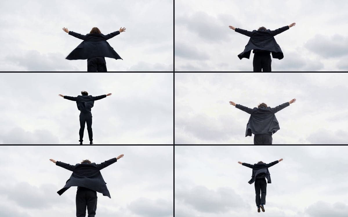 Six wide frames stacked in two columns and three rows, each from a different video model, all showing the same falling figure against a cloudy sky.