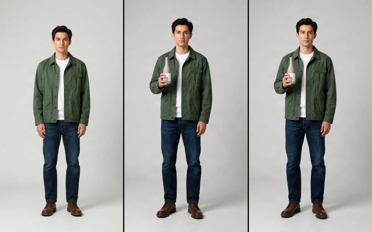 A product photo, the person holding it, and a frame from the clip, side by side.