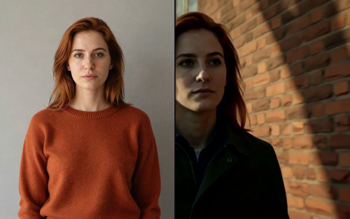 A frame from the original clip on the left and the same frame recast with another person on the right.