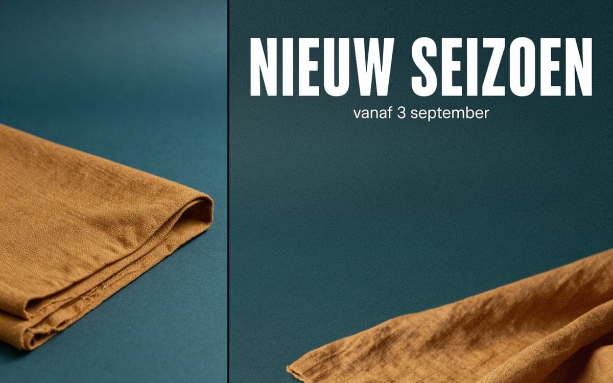 A photograph of folded amber linen on the left, and on the right the finished teal poster with the headline set in large uppercase letters above it.