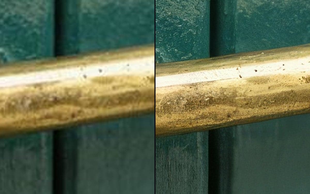 The same crop of a weathered brass door handle twice, small and soft on the left, enlarged and sharp on the right.