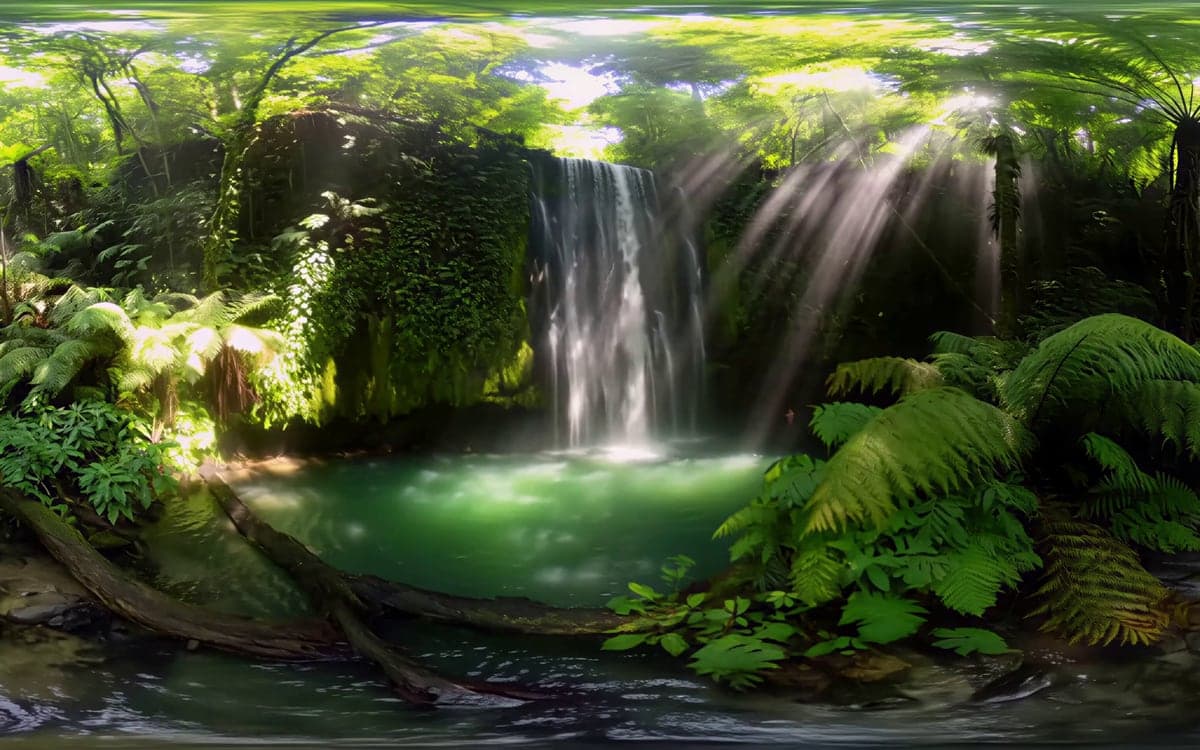 A wide 360 degree panorama frame of a rainforest with a waterfall in the centre.