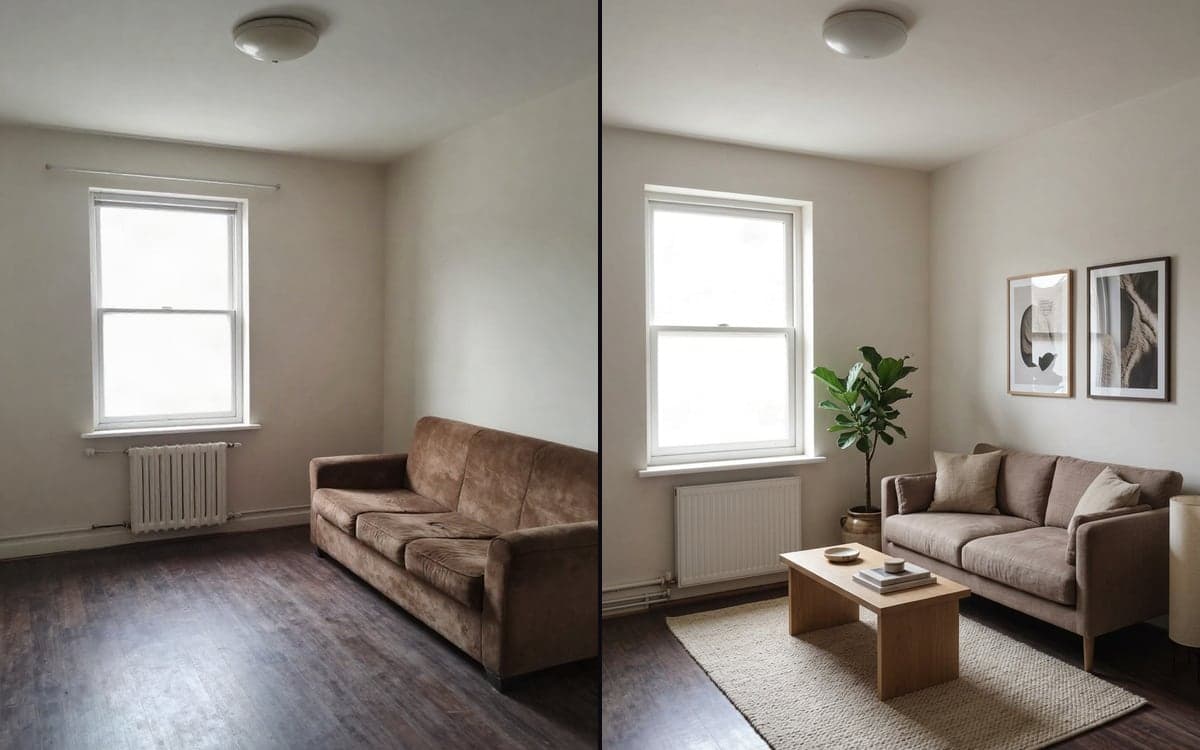 A dated living room on the left, and the same room on the right after restyling, with the window, the walls and the camera position unchanged.