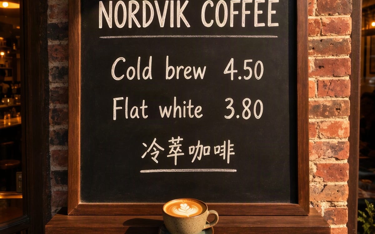 An image made with MOSS Image: a cafe chalkboard menu reading NORDVIK COFFEE with prices in English and Chinese.